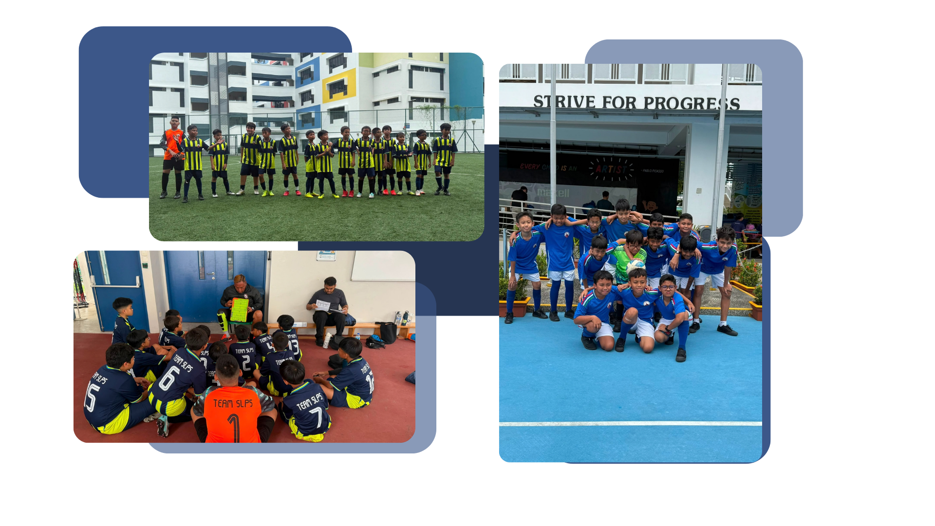Boys' Football Team in their navy and yellow jerseys, shown lining up on the field, receiving a coach's briefing and posing together at a competition.
